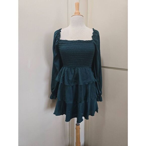 Charmed Hearts Dark Forest Green 3 Tiered Ruffle Mini Dress, Long Sleeves, Smock - Picture 6 of 11